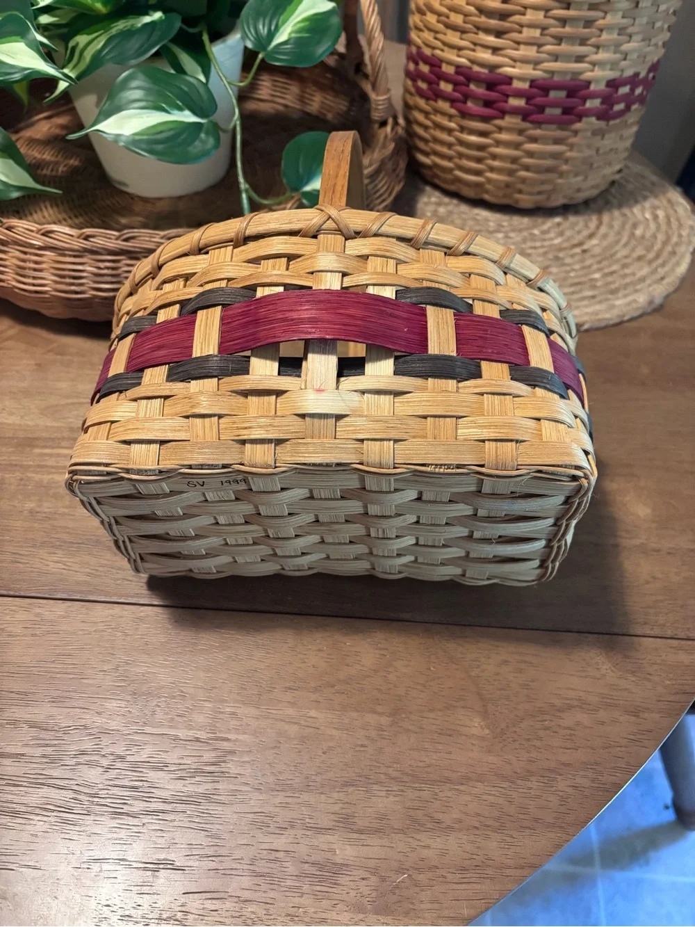 Woven Accent Basket with Handle - Natural and Burgundy